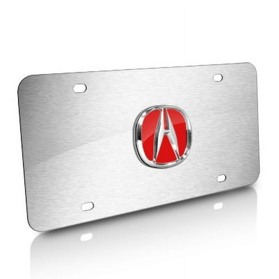 Acura Red Filled Chrome 3D Logo on Brushed Stainless Steel License Plate