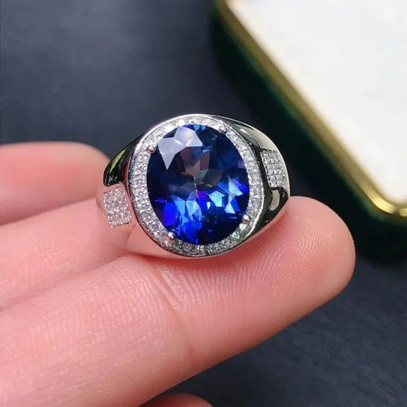 ClassicGems 4.00 CT Oval Cut Lab Created Blue Sapphire And Diamond 14K White Gold Plated 925 Sterling Silver Men's Ring