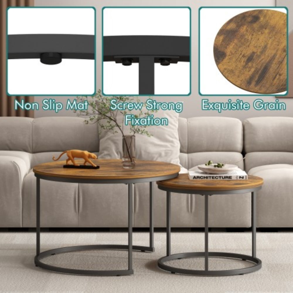 27.6" Nesting Coffee Table Set of 2, Round Wood Marble Pattern Top with Sturdy Metal Frame, Stackable End Tables for Living Room, Bedroom, Office, Rustic Brown & Black