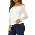 thumbnail image 4 of INSPIRE CHIC Women's Floral Lace Top Off Shoulder Sheer Long Sleeves Blouse XS White, 4 of 7