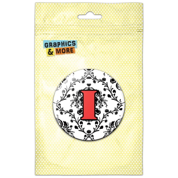 Letter I Initial Damask Elegant Red Black Pinback Button Pin Badge
