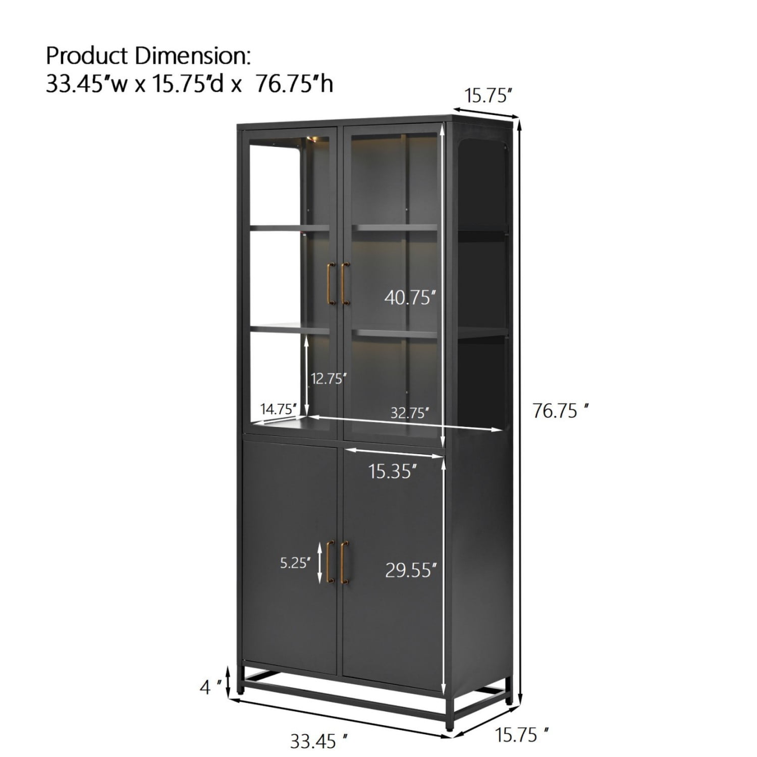 76.75" Tall Glass Display Cabinet with LED Lights, Steel Curio Cabinet with 3-Sided Glass, Double Door Storage Cabinet for Kitchen Living Room Office Pantry Home Decor, Black