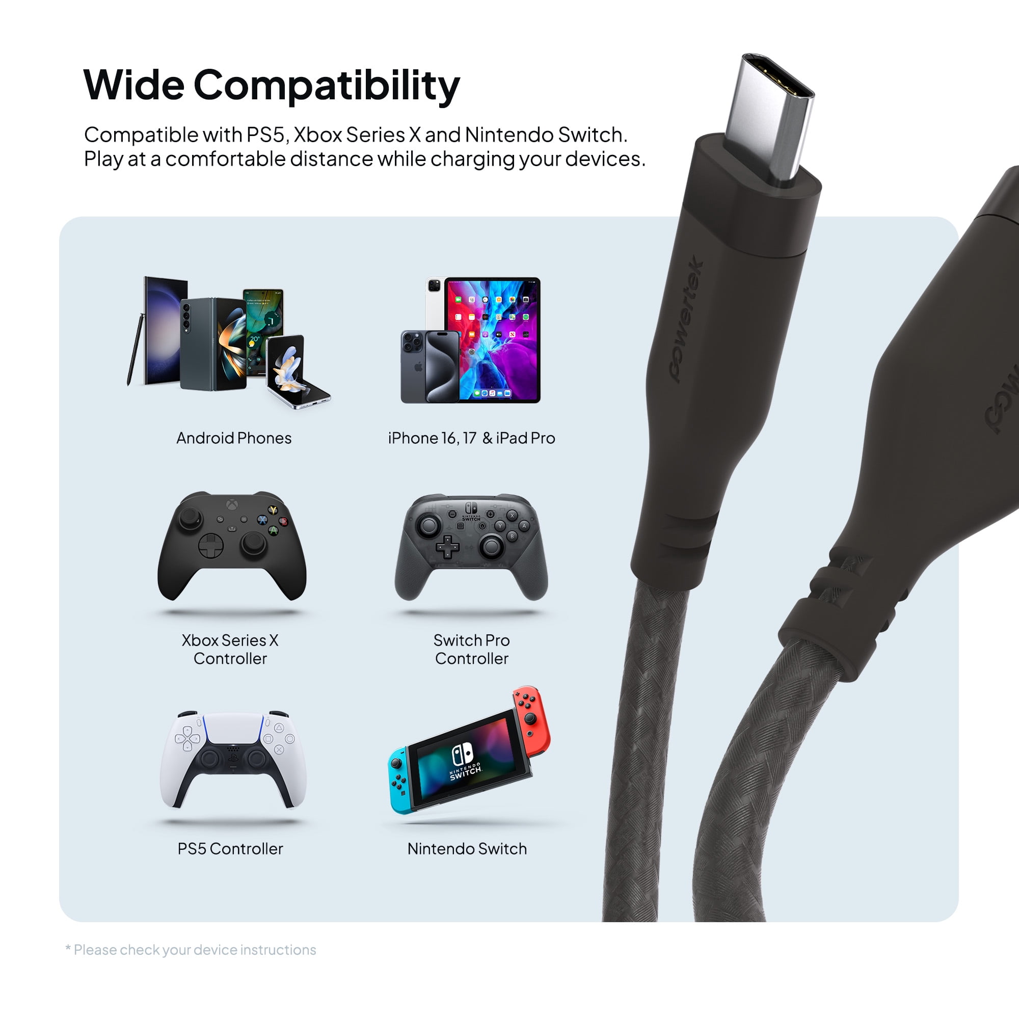 Powertek USB-A to USB-C (Type-C) Charging Cable, Carbon Design Texture, 6 ft, Grey