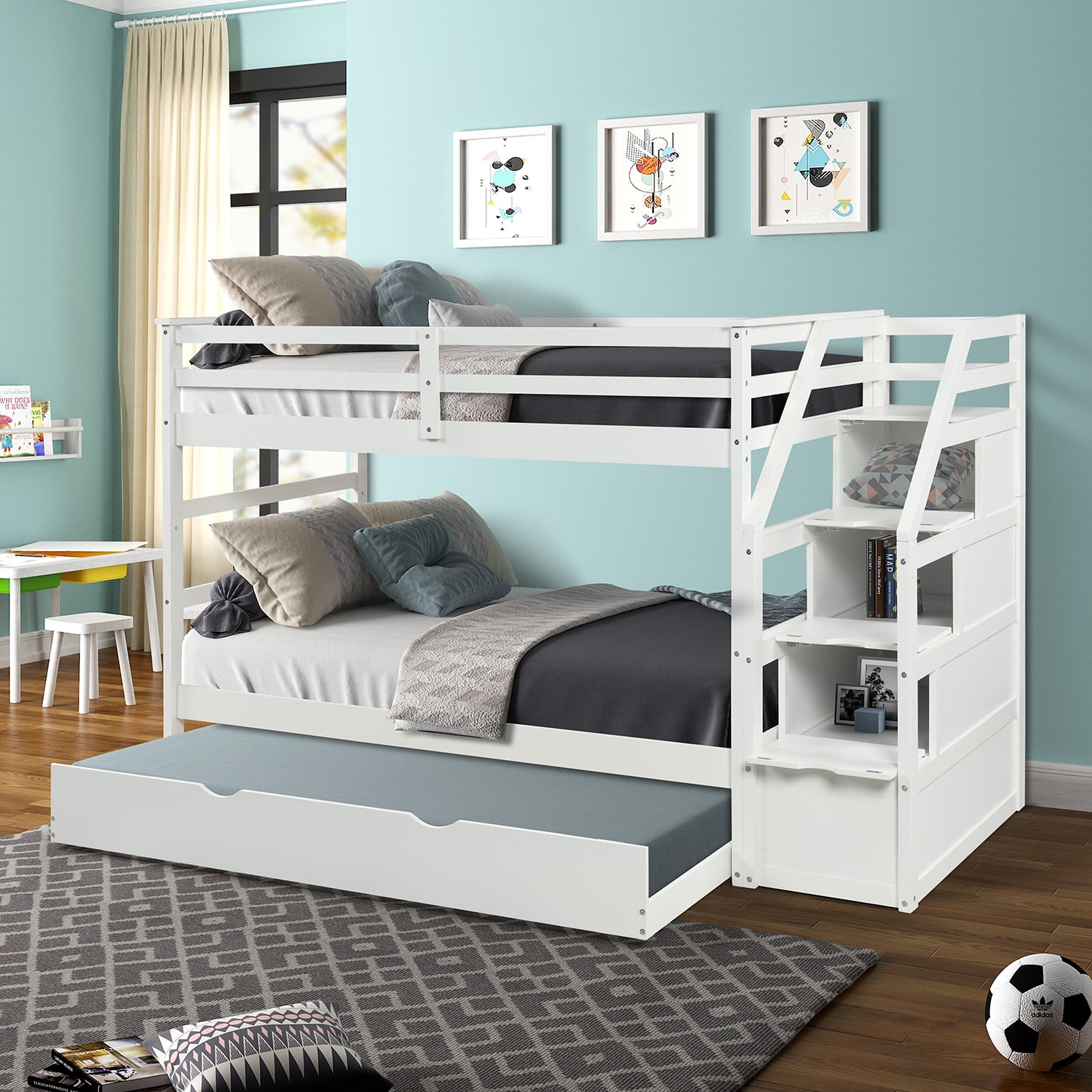 Twin-Over-Twin Bunk Bedd with Twin Size Trundle and 3 Storage Stairs-White