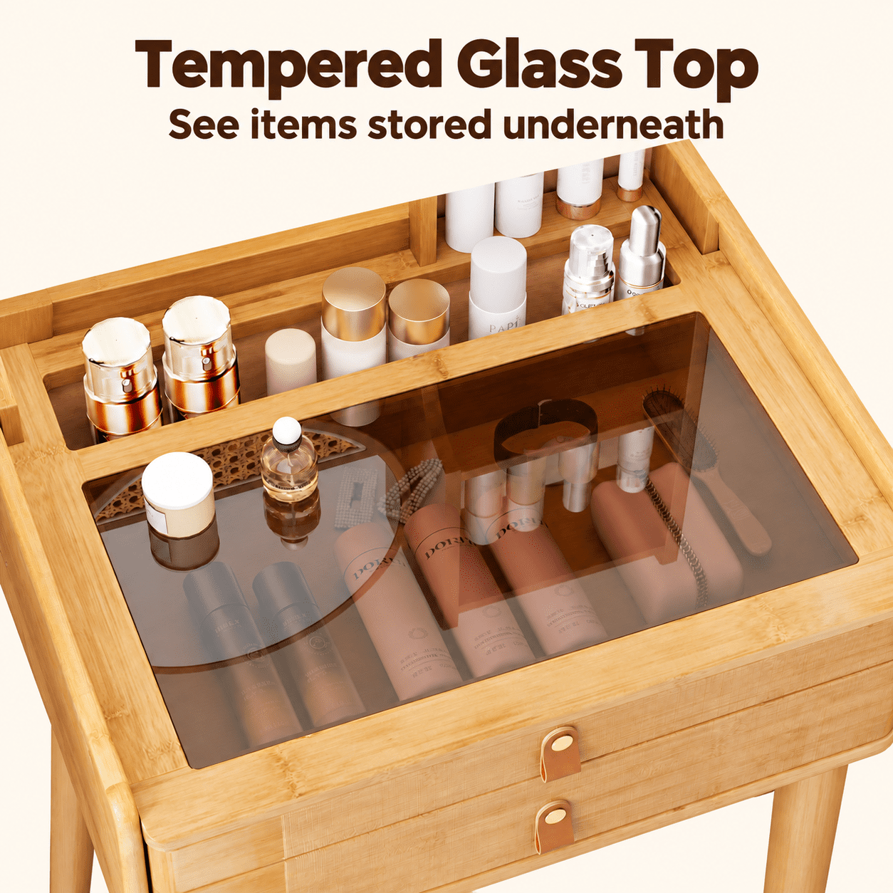 Furnibear Small Vanity Desk and Stool Set with Rotating Mirror and 2 Drawers, Bamboo Makeup Dressing Table with 3 Shelves for Small Bedroom, Natural