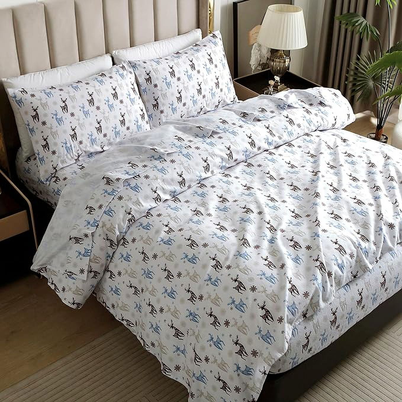 Elegant Comfort - 4 PIECE Holiday Christmas Flannel Cotton Sheet Set, Deep Pocket Fitted - Twin XL, Brown Deer
