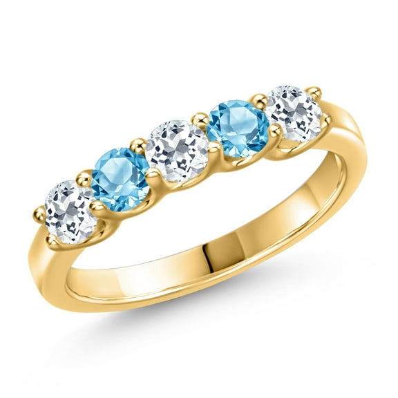 Gem Stone King 18K Yellow Gold Plated Silver White Topaz and Swiss Blue Topaz Wedding-Bands Ring for Women | 1.05 Cttw | Round 3.5MM | Gemstone November Birthstone | Size 7
