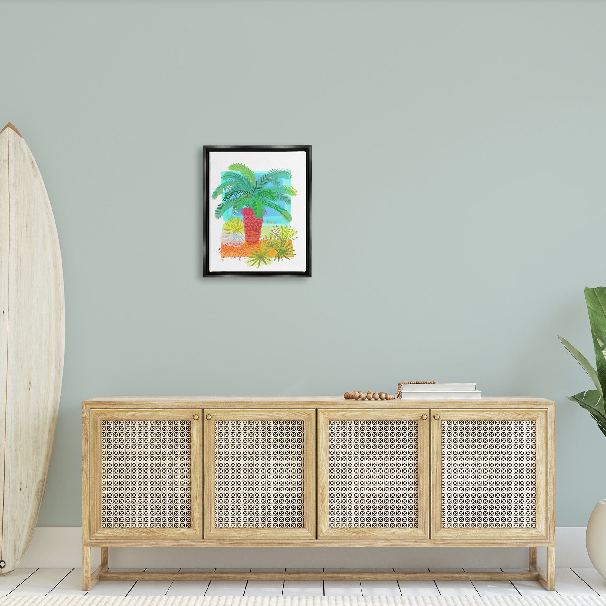 Stupell Industries Tropical Palm Plant Leaves Whimsical Summer Botanicals Graphic Art Luster Gray Floating Framed Canvas Print Wall Art, Design by unknown