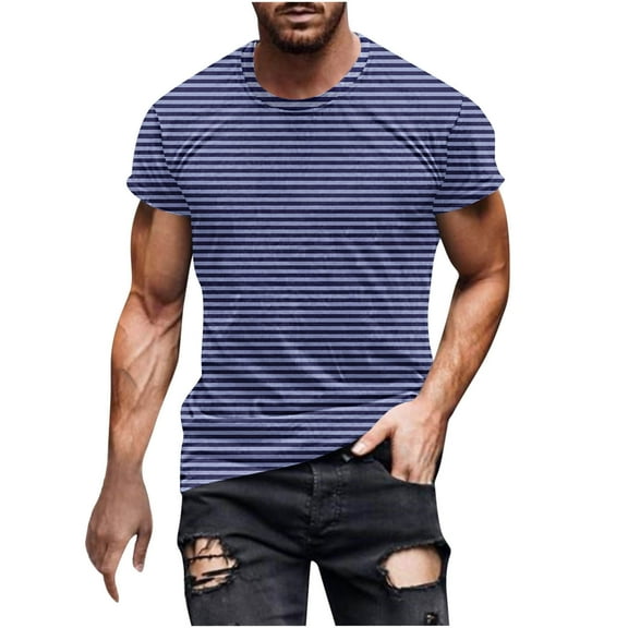 Rloper-Lop Mens Crewneck T Shirts Casual Stylish Striped Printing Tees Lightweight Short Sleeve Striped Printign Shirts Summer Outdoor Tops Dark Blue XL