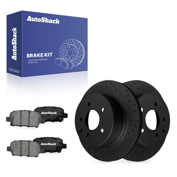 AutoShack Rear Vented Drilled & Slotted E-Coated Brake Rotors Black Finish   Ceramic Pads 6-PC Brake Kit Replacement for 2014-2020 Nissan Rogue 2011-2021 Nissan LEAF NightGuard 11.49" (291.8 mm)
