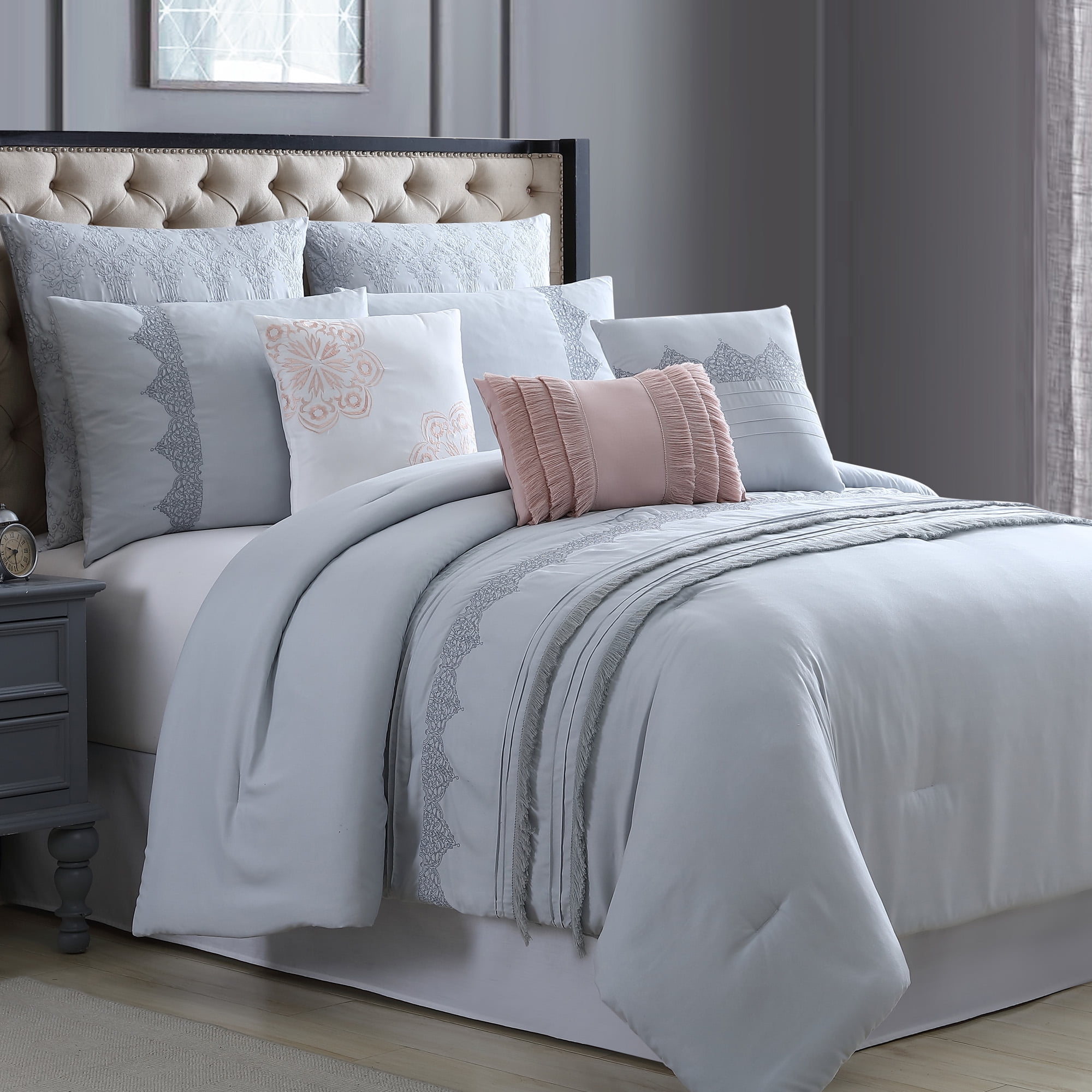 Luxury Embroidered Embellished Pintuck Duvet Quilt Cover Bedding Set Grey Pink 