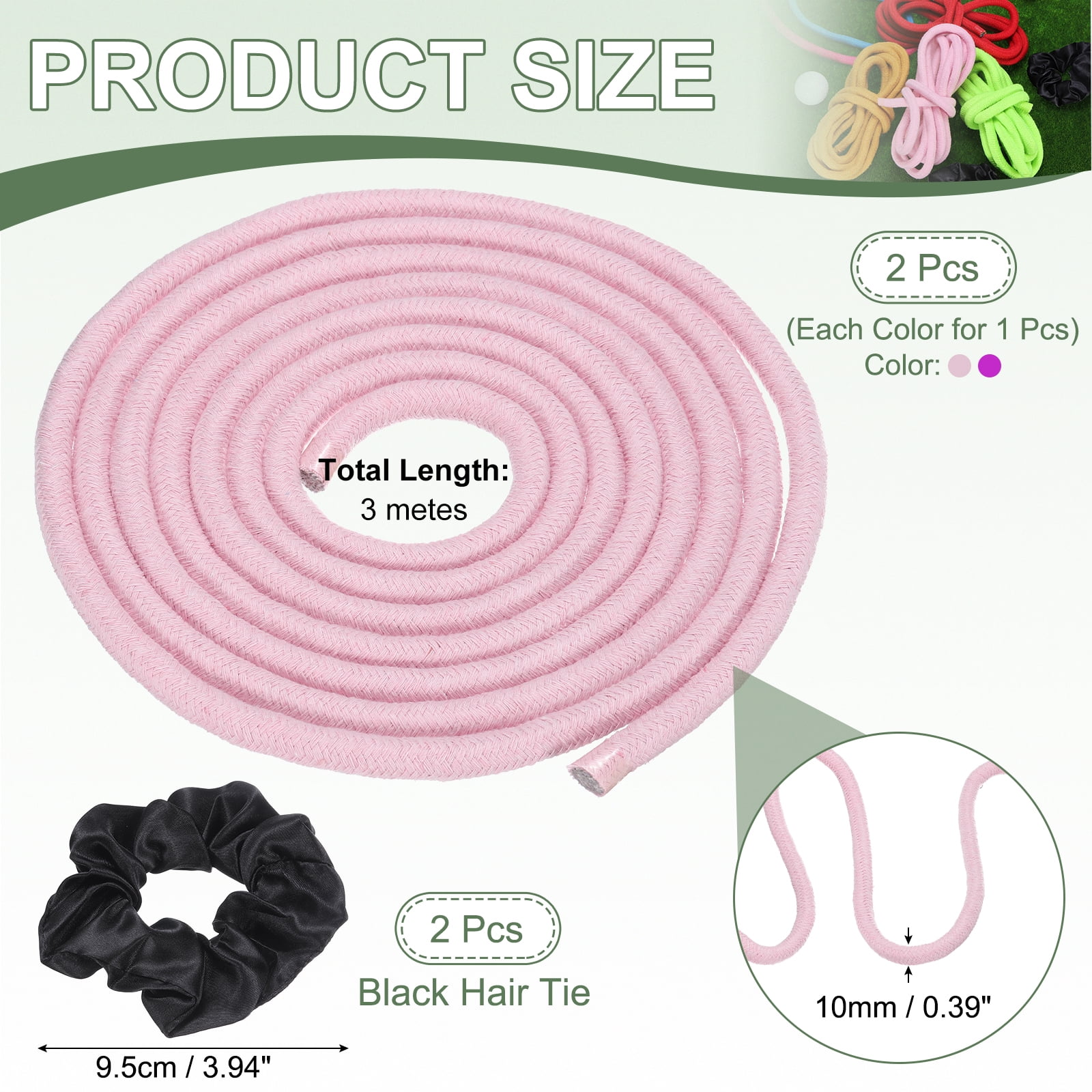 Gymnastics Rope, Exercise Fitness Aerobic Gymnastic Skipping, Rhythmic Gymnastics Arts Rope with Hair Tie 3 Meters& 2Pcs & Pink/Rose Red - Fit for (Fitness/Outdoor Activities/Yoga)