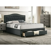 Charcoal Burlap Fabric Tufted Headboard Storage Footboard California King Size Bed 1pc Bedroom Furniture Particle Board