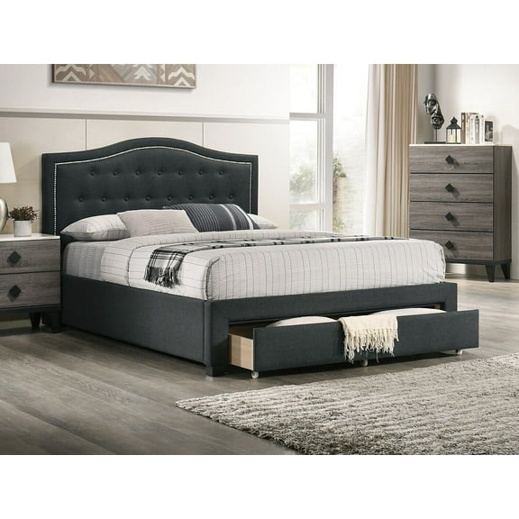 Charcoal Burlap Fabric Tufted Headboard Storage Footboard California King Size Bed 1pc Bedroom Furniture Particle Board