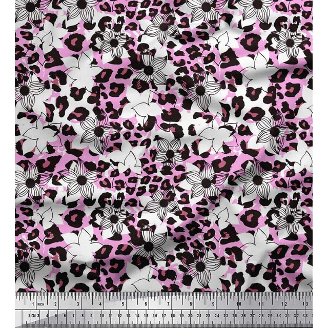 Soimoi Orange Poly Georgette Fabric Floral & Leopard Animal Skin Print Sewing Fabric Yard 52 Inch Wide