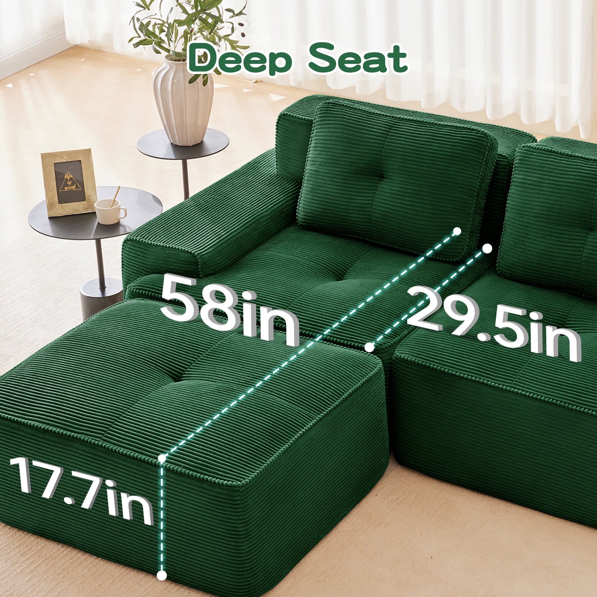 Yoneston 117" L-Shaped Modular Sectional Sofa 3 Seater Couch with Cushions and Ottoman, No Assembly Corduroy Sofa with Deep Seating for Living Room Bedroom Apartment, Green