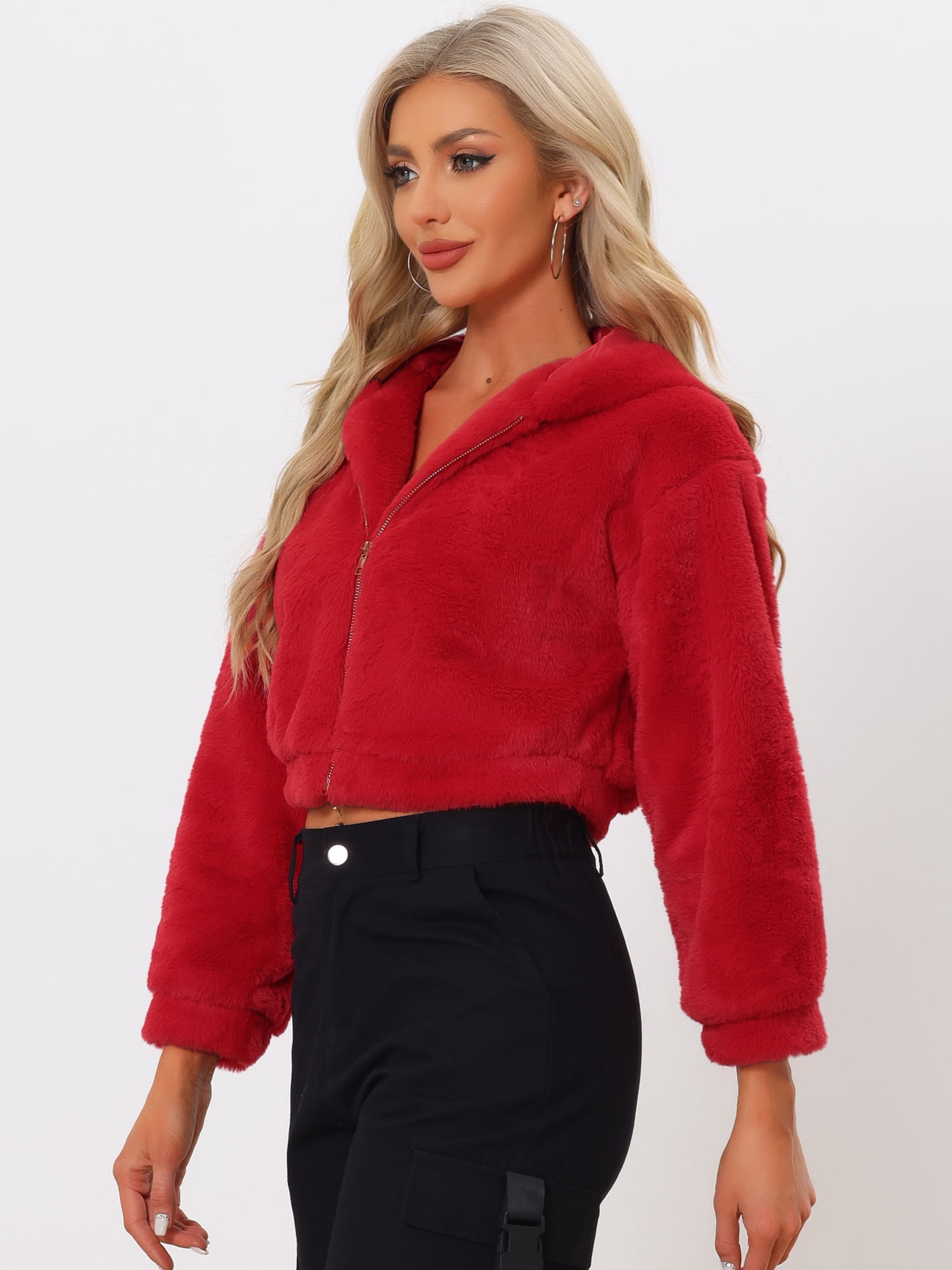 DARING DIVA Women's Faux Fur Zip Up Casual Fuzzy Hooded Crop Jacket XL Red