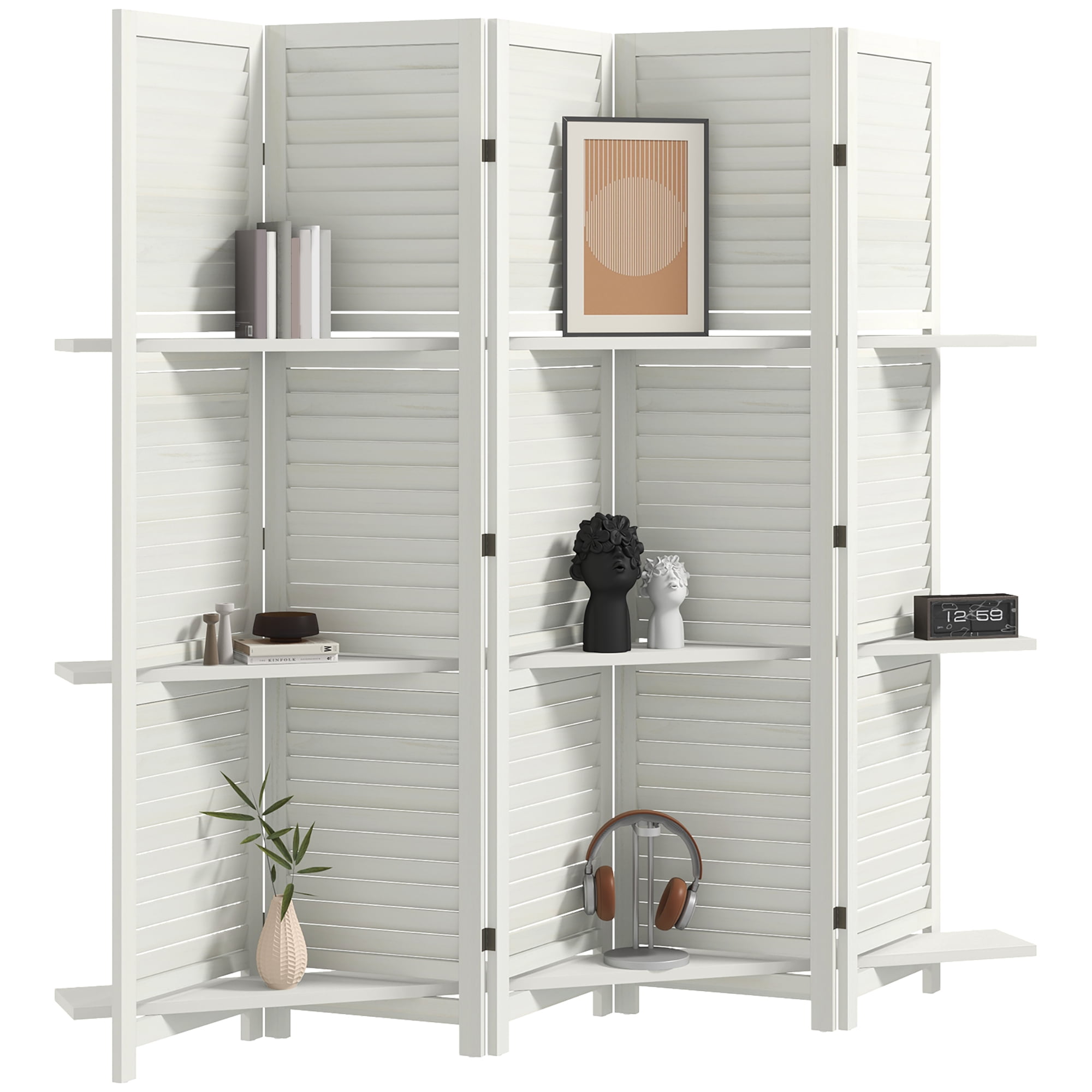 HOMCOM 5 Panel 67" Tall Wood Privacy Screen Room Divider with 3 Display Shelves, and Folding Storage for Bedroom or Home Office, White