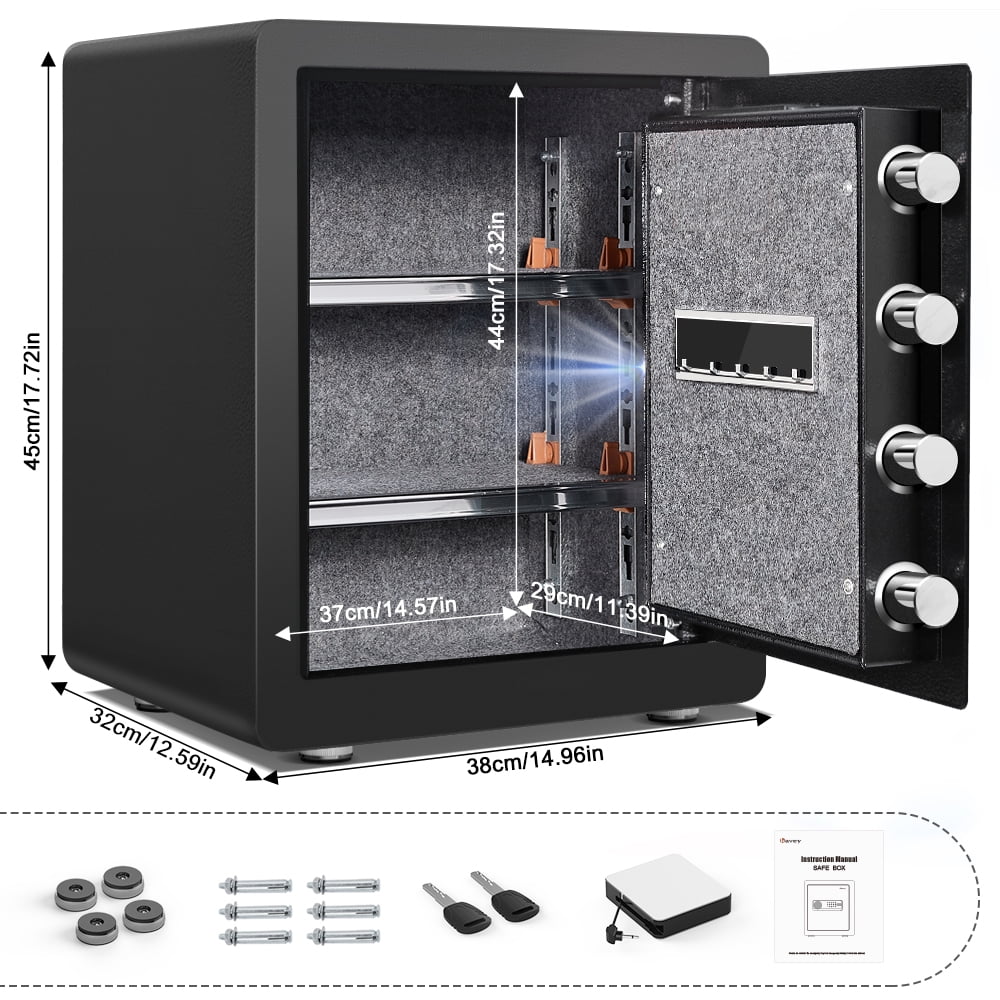 2.0 Cub Safe Box, Digital Home Safe with Two Removable & Adjustable Shelf, Safe for Home with Mute Mode & Dual Alarm, Money Safe Box with 4 Solid Living Bolts and Velvet Interior