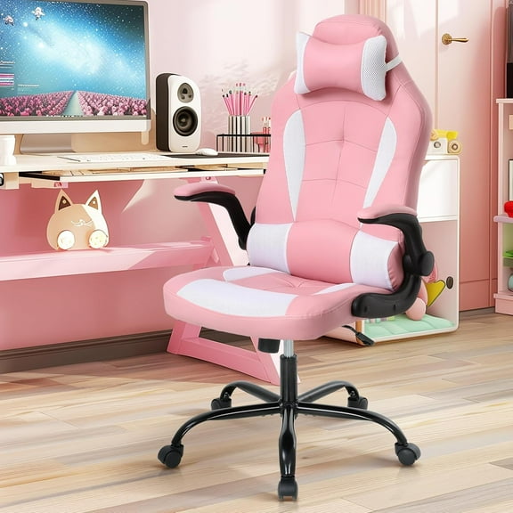 PC Gaming Chair, Ergonomic Computer Chair Height Adjustable Chair Massage Game Chair Office Chair Ergonomic Desk Chair with 360°-Swivel Wide Seat and Headrest for Office or Gaming, Pink