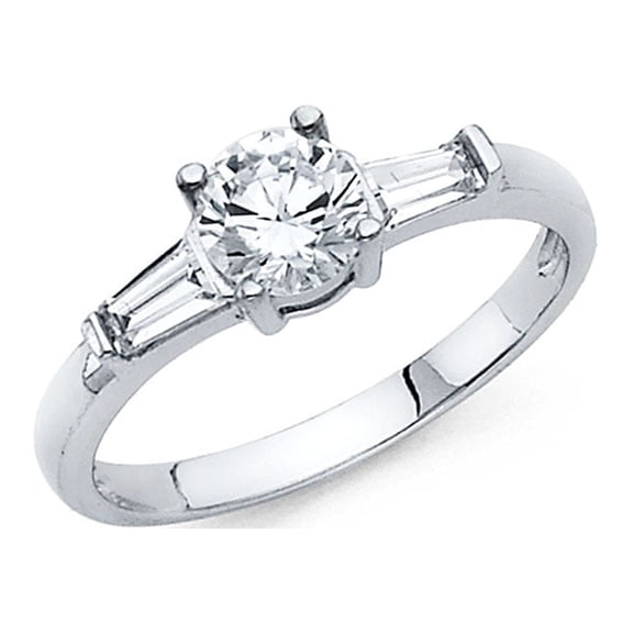Round CZ Engagement Ring 14k White Gold Anniversary Solitaire CZ Band Baguette Side Stones Size 7