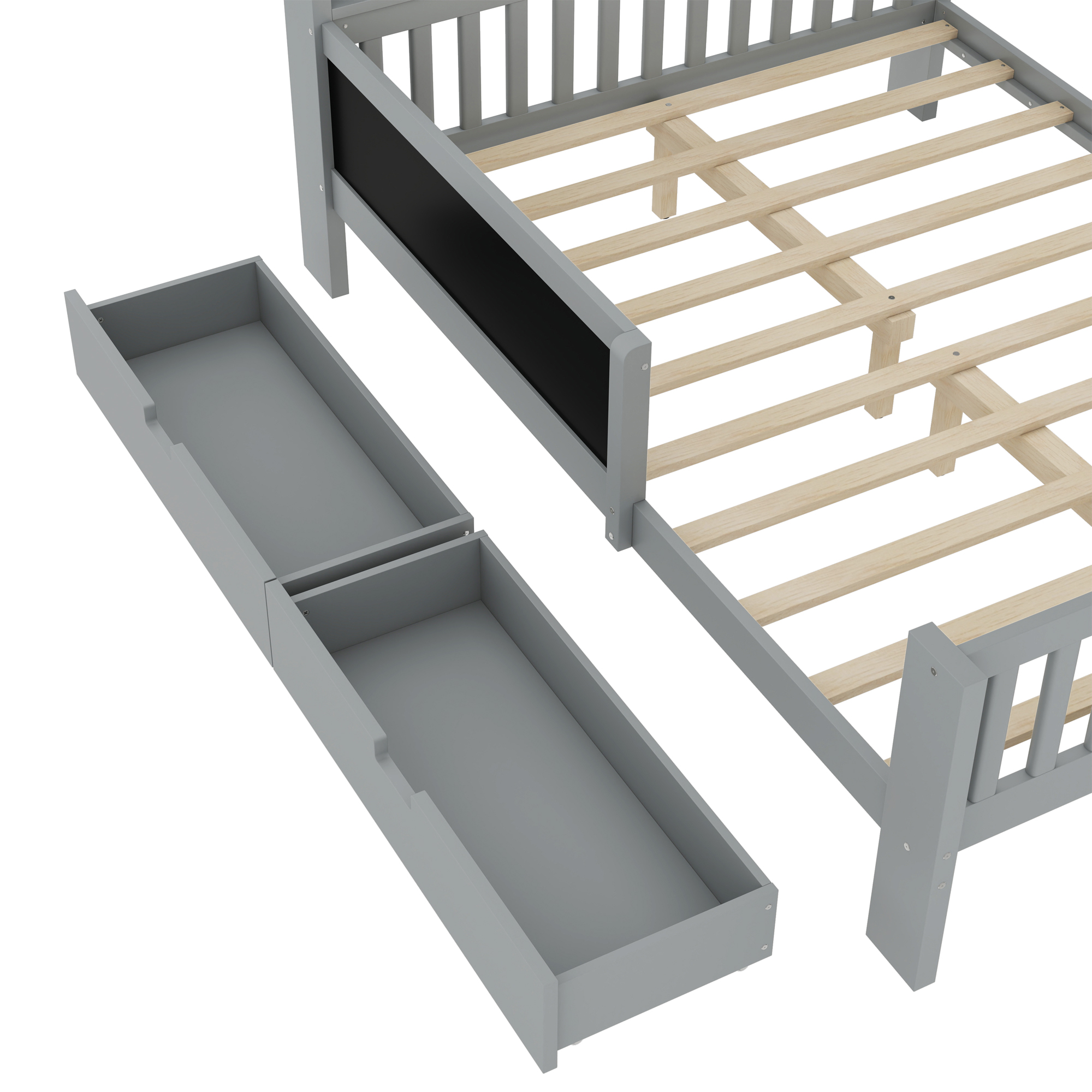 Mintazer Full Kids Platform Bed with Storage Headboard Shelves and Chalkboard, Wood Slat Support Storage Bed with 2 Drawers & Satety Fence for Boys Girls, Gray