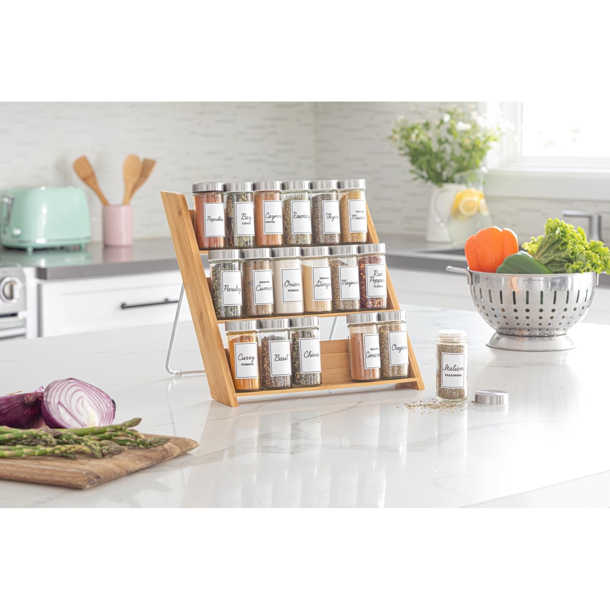 18 Jar Bamboo Compact Spice Rack with Spices Included & 5-Year Free Spice Refill Program for Countertop or Kitchen Drawer with Glass Jars