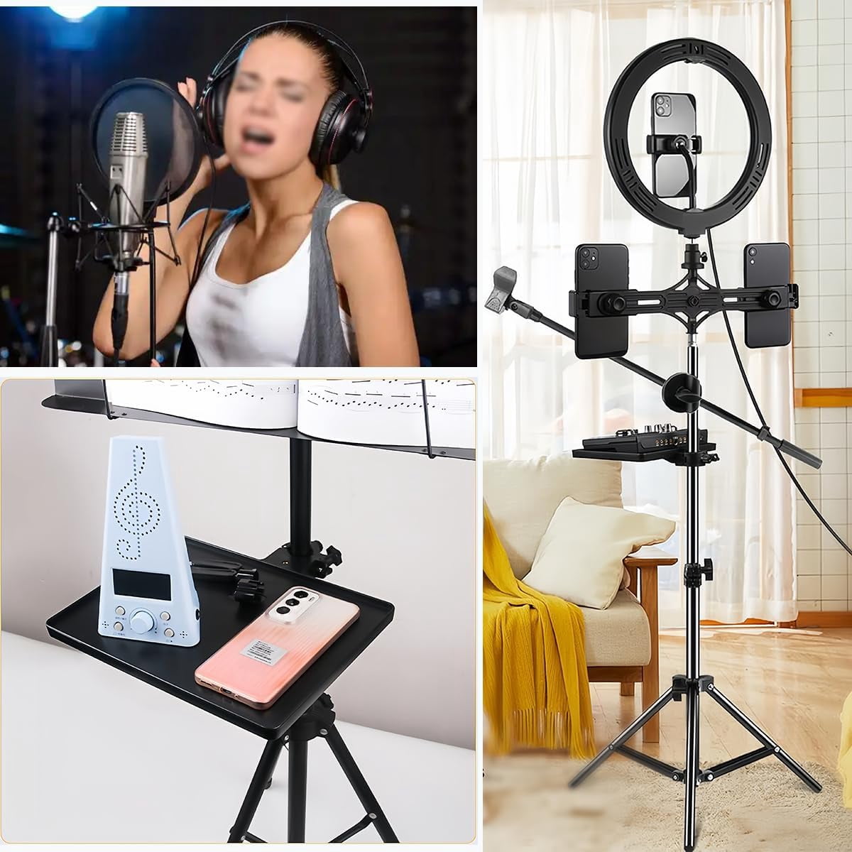 ABCISI Microphone Stand Tray, Adjustable Clip Stand Desk, Universal Microphone Stand Tray, 8.66 Inch X 6.5 Inch for Stage, Sheet Music, Live Broadcast, Recording (Stand not included)