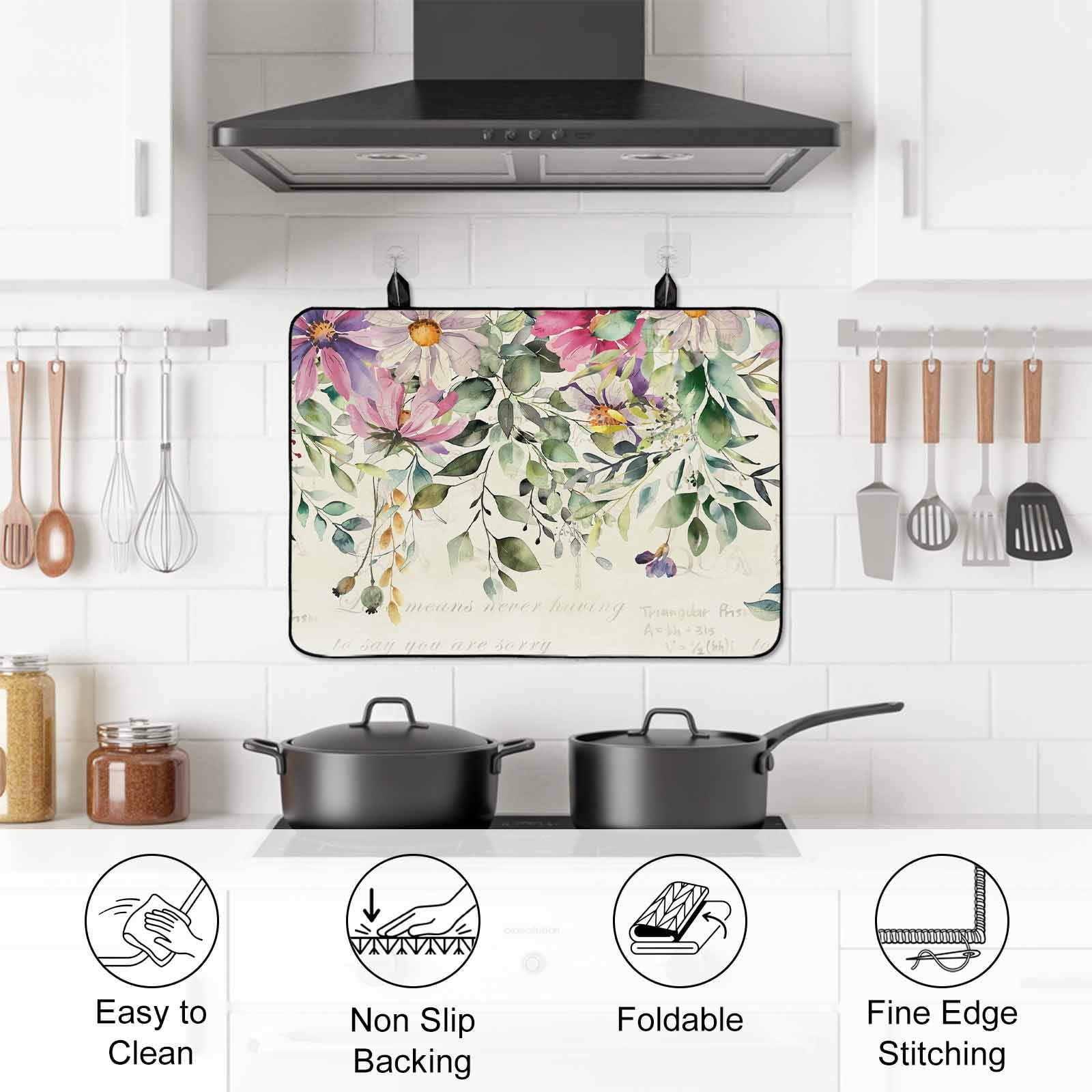 Eucalyptus Stove Top Cover for Electric Stove, Heat-proof & Non Slip Glass Top Stove Cover Protector, Sage Green Botanical Leaf Pink Flower Farm Kitchen Flat Cooktop Rubber Mat 36x21 Inches