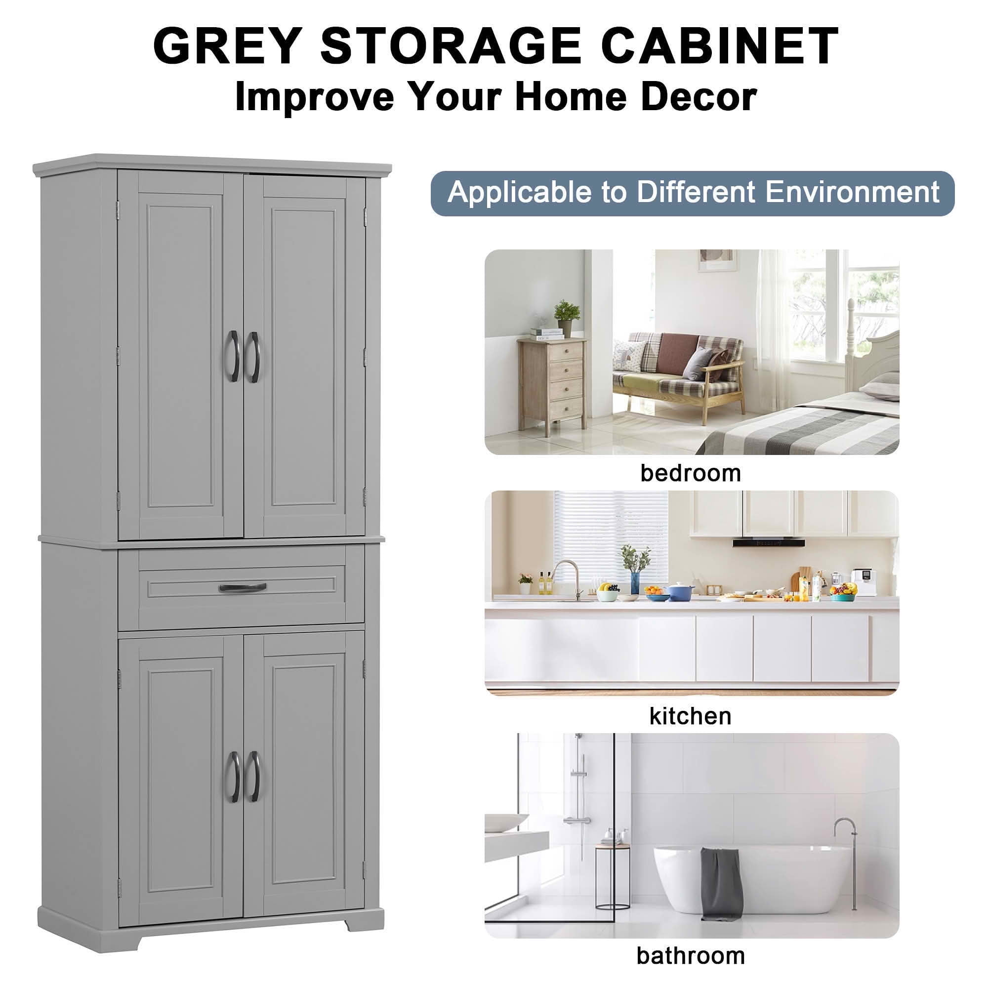 MAYEERTY Bathroom Cabinet Doors Drawer Multiple Storage Adjustable Shelf Gray