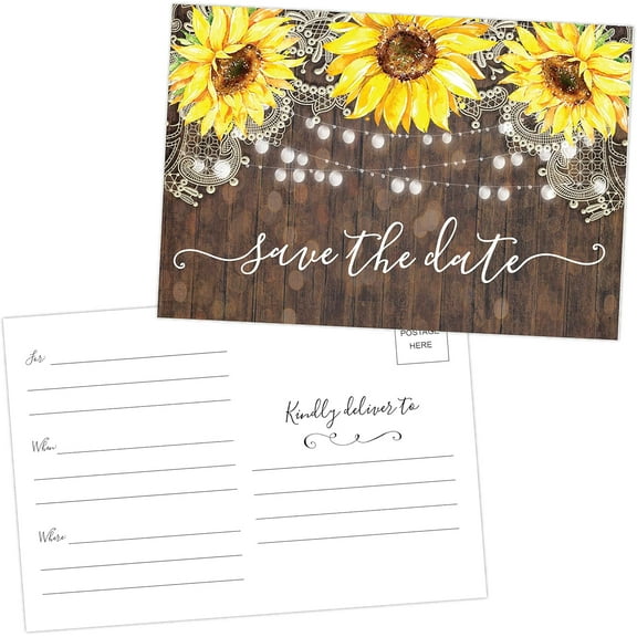 50 Sunflower Save The Date Cards for Wedding, Engagement, Anniversary, Baby Shower, Birthday Party - Wood Save The Dates Postcard Invitations - 4x6, No Envelopes Needed