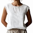 thumbnail image 2 of Women'S Crew Neck Casual Cap Sleeve Tops Lace Patchwork Basic Summer Loose Fit Blouse White M, 2 of 7