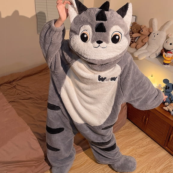 Silly Cat Onesie Big Mouth Monster Pajamas, Adult Unisex Soft Hooded Loungewear, Funny Monsters Onesie for Movie Nights, Oversized Fleece Homewear for Men Women Family Matching