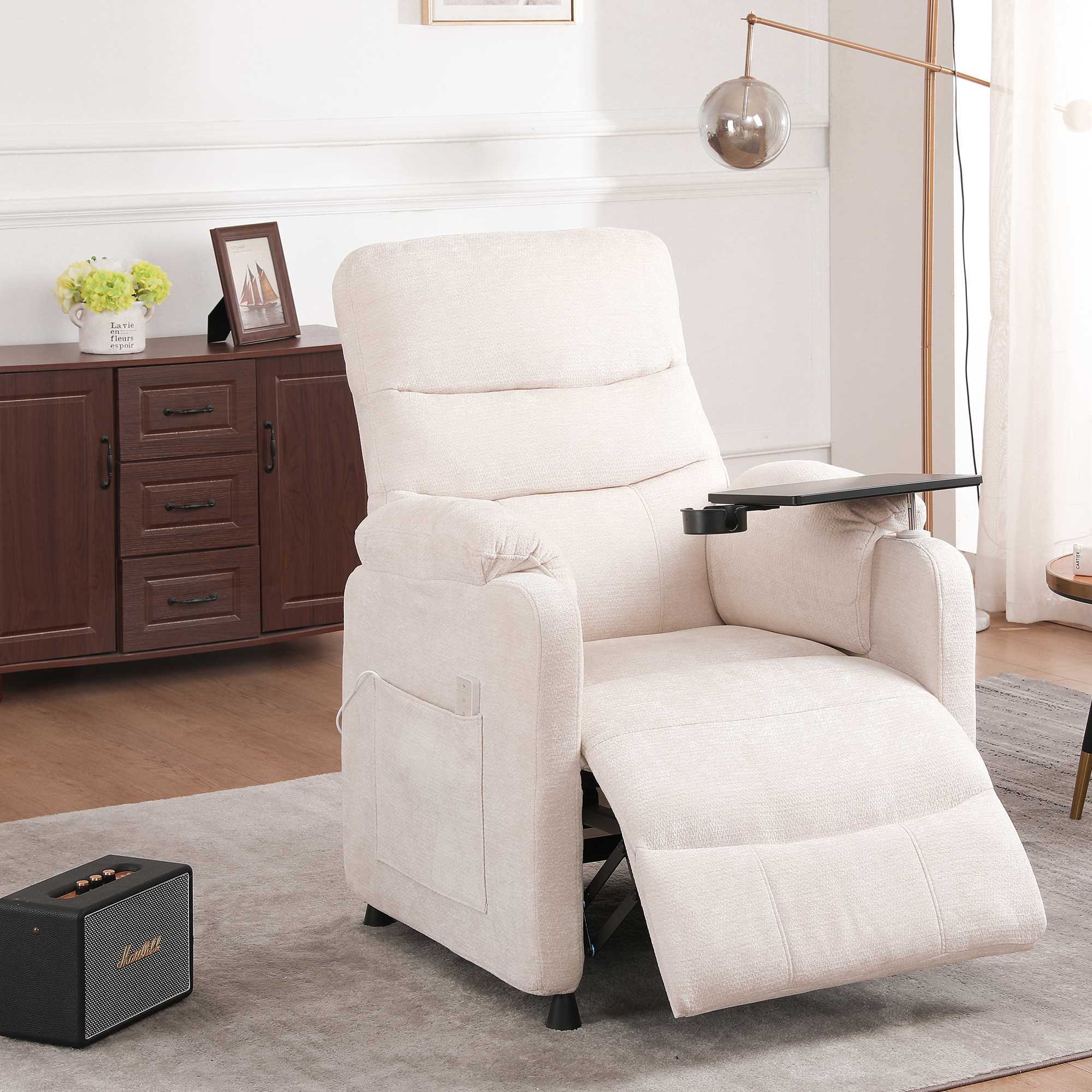 Miniyam Power Recliner Chair with Lumbar support in White, Tabletop & Cup Holder Full Steel Frame 7-Zone Support with Wired Memory Remote for Home Theater Indoor