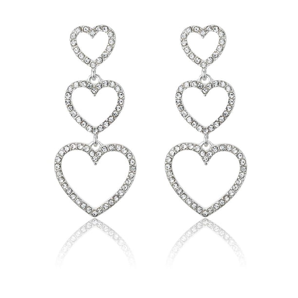 Pendientes de perforación con forma de corazón con tres corazones entrelazados de cristal para mujer, aleación plateada, regalo de San Valentín para ella