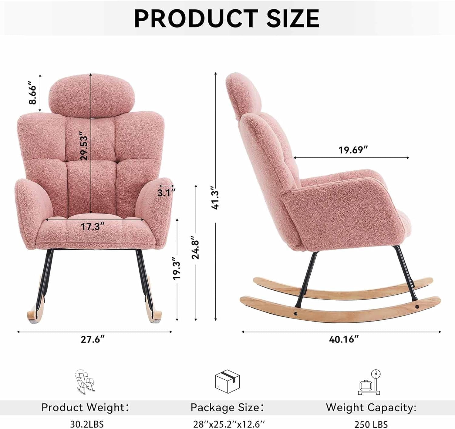 Nursery Rocking Chair - Teddy Fabric Upholstered Glider Rocking Chair with High Backrest & Pillow for Living Room & Bedroom - Easy Assembly Wood/Metal Base (Ivory)