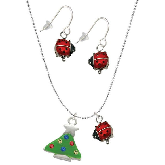Delight Jewelry Silvertone Green Resin Christmas Tree with Crystals Red Lucky Ladybug Necklace and Dangle Earrings Set