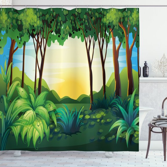 Jungle Leaves Shower Curtain, Digitally Generated Forest Scenery Sunrise Shades of Green in Nature, Fabric Bathroom Set with Hooks, 69W X 75L Inches Long, Multicolor, by Ambesonne
