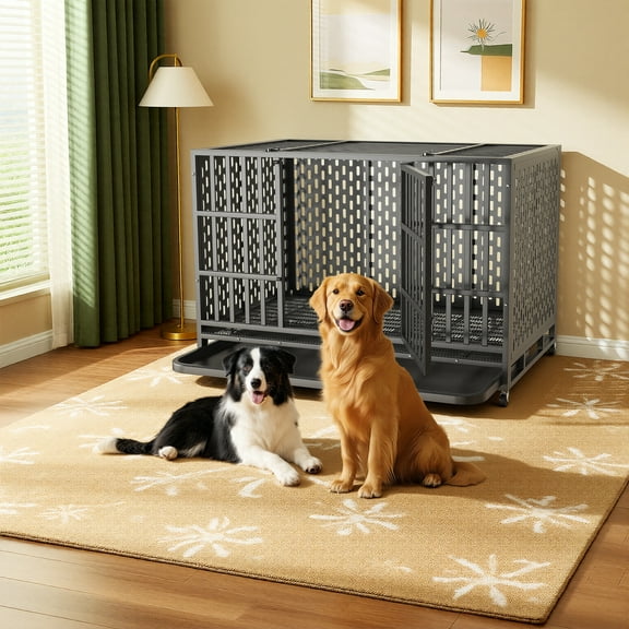 YOKWOK 48 Inch Heavy Duty Indestructible Dog Crate Cage, Chew Proof & Escape-Proof XL Kennel for High Anxiety Large Dogs, with Locking Wheels and Removable Tray for Indoor & Outdoor Use, Black