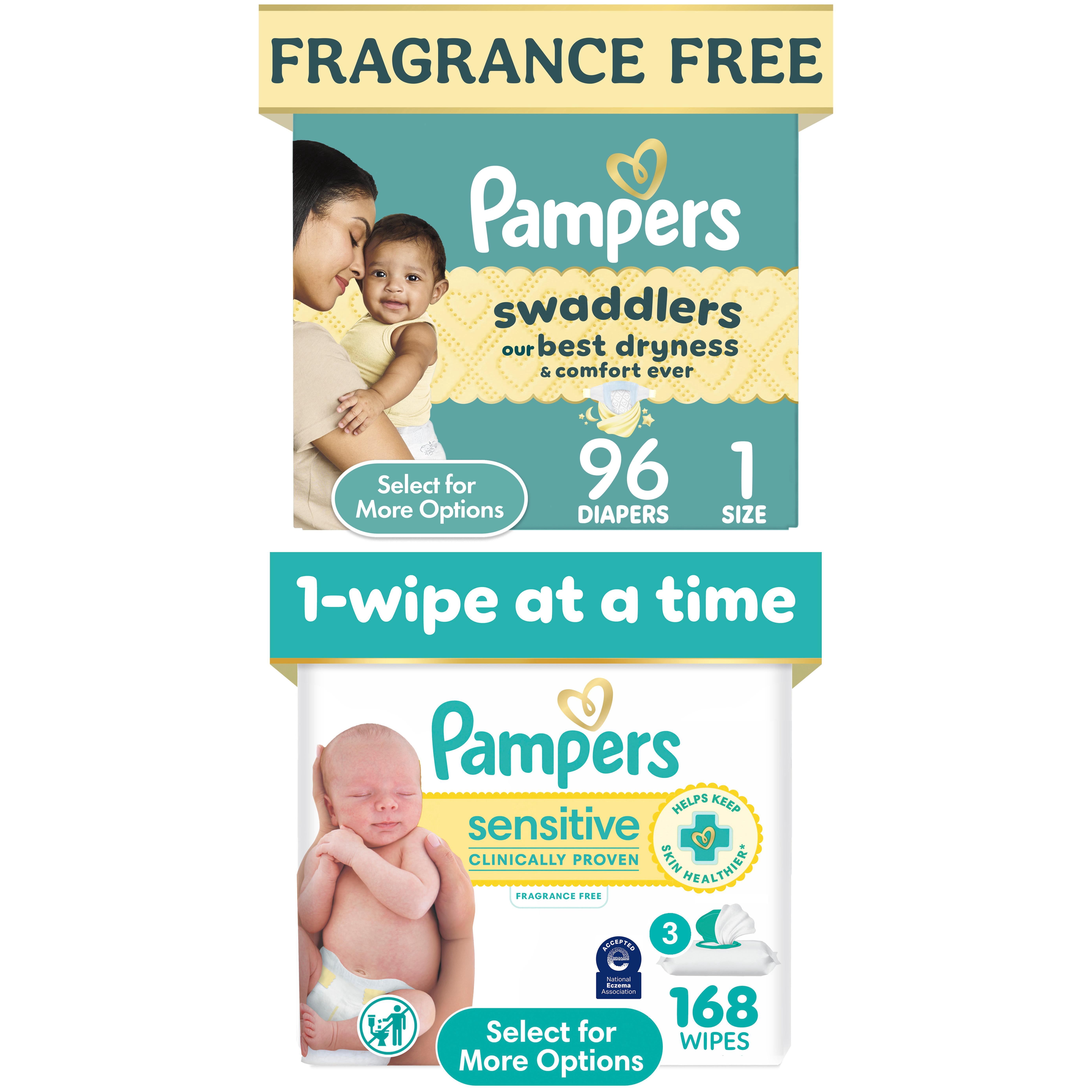 Pampers Swaddlers Diapers Size 1, 96 Count & Sensitive Wipes, 168 Count Bundle (Select for More Options)