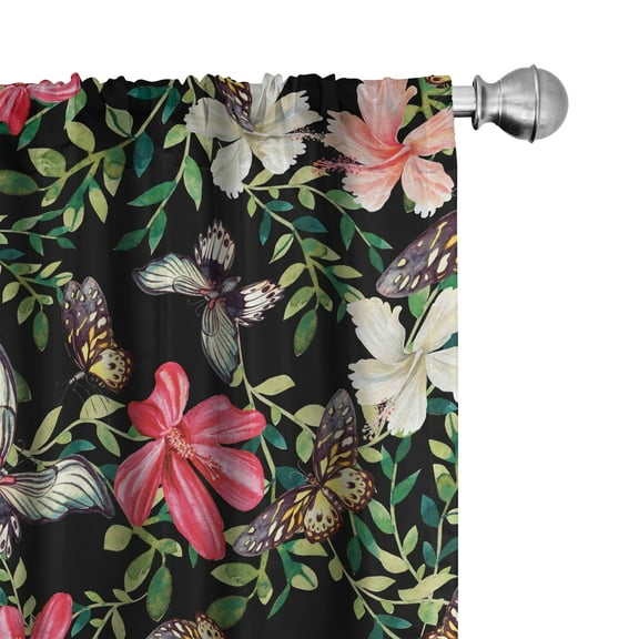 Ambesonne Butterflies Curtains, Exotic Jungle Hibiscus, Pair of 28"x84", Black Green Dark Pink
