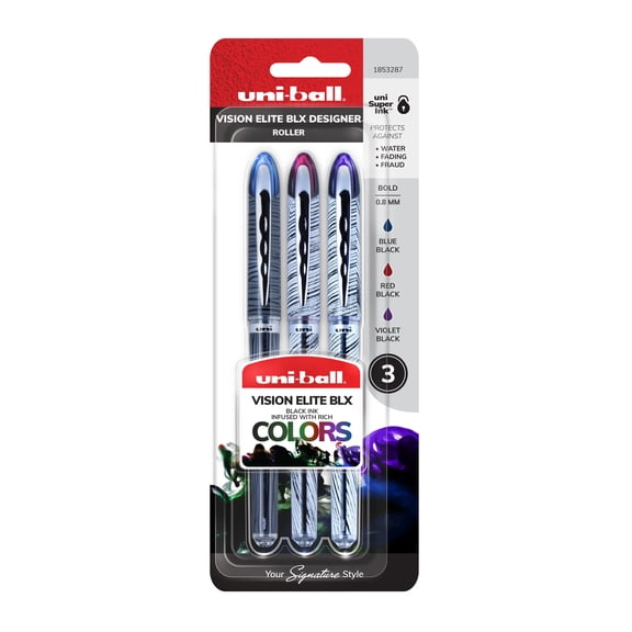 uni-ball Vision Elite Designer Rollerball Pens, Bold Point (0.8mm), Assorted Barrels, Black Ink, 3 Count - Walmart SRP