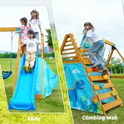 SuniBoxi 2 Swings Kids Backyard Natural Blue Wooden Playground Sets