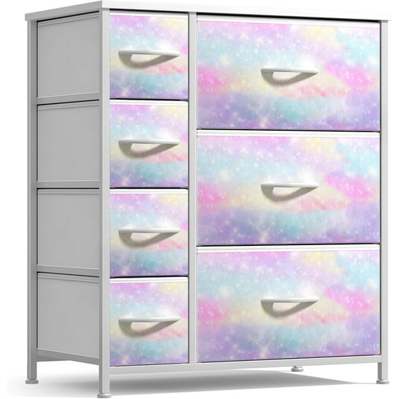 YYEAN Dresser with 7 Drawers - Furniture Storage Chest for , Teens, Nursery, Playroom, Clothes, Toys - Steel Frame, Wood Top, Tie-dye Fabric Bins-Rainbow Sparkle