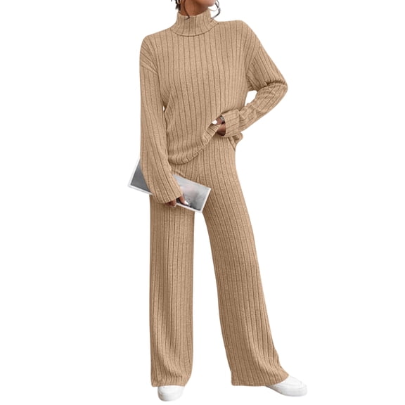 Lounge Sets for Women 2 Piece Outfit Set Long Sleeve Turtleneck Knit Pullover Sweater Top and Ribbed Wide Leg Pants Khaki 2XL