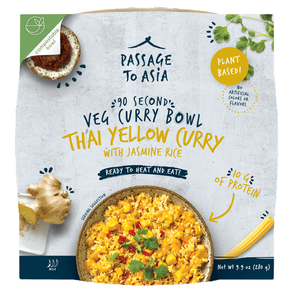 Pack of 4, Passage Foods Thai Yellow Veg Curry Bowl with Jasmine Rice, 9.9 oz