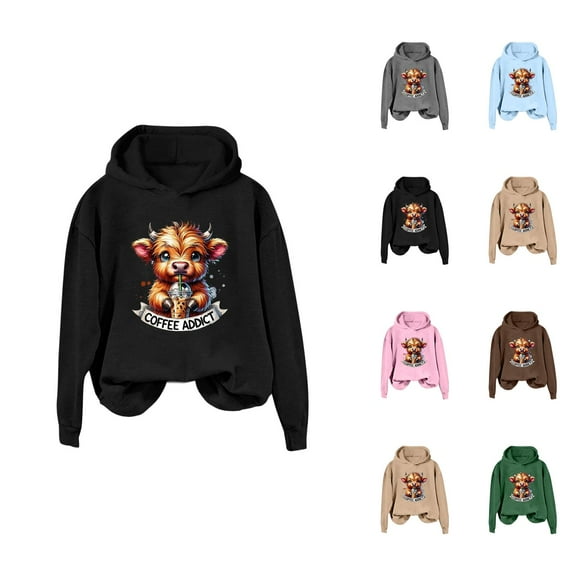 Cute Highland Cow Coffee Addict Halloween Hoodies for Women Long Sleeve Graphic Hooded Sweatshirt Pullover Tops