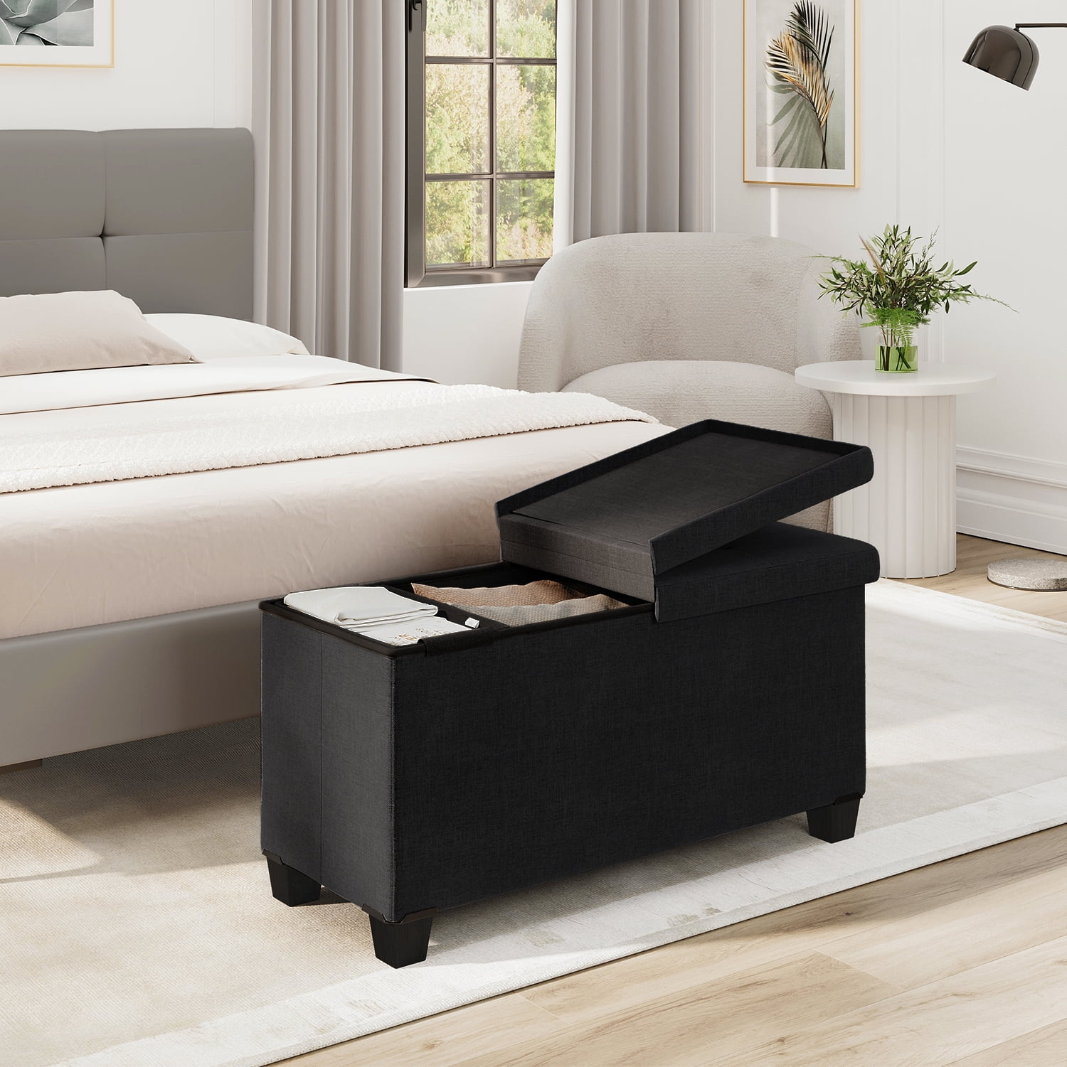 Storagebud Ottoman Storage Bench, Linen 30" Ottoman with Storage, Black