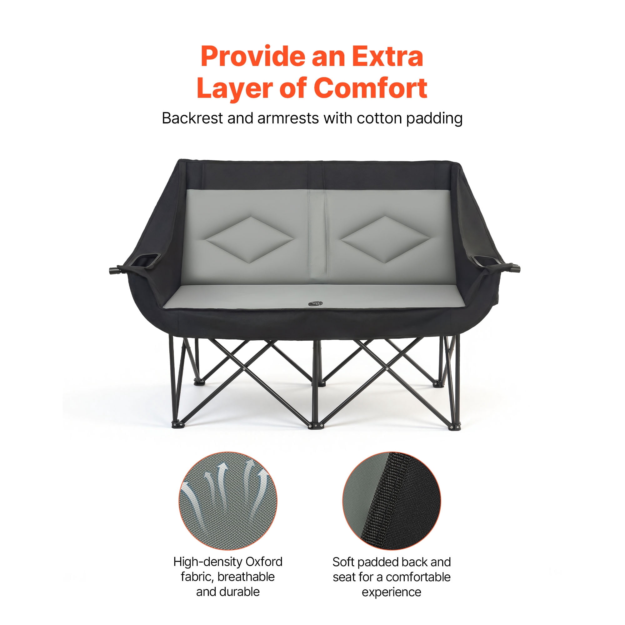 KFFKFF Double Camping Chair for Two, Sturdy Design with 660 lbs Weight Capacity, Includes Cup Holders, Wine Glass Slots, Magazine Straps, and Carry Bag for Outdoor Activities, Beach Use, Single Pack