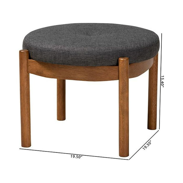 Baxton Studio Iliana Japandi Style Ottoman Footstool - Greyish Beige Fabric, Walnut Brown Wood Legs, Round Button-Tufted Seat